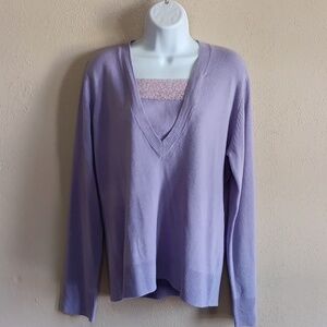 Carolyn Taylor Light Lilac Purple V-Neck, Layered Look Sweater, Lace Detail